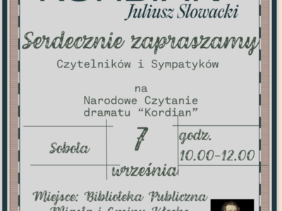 Na zdjęciu znajduje się plakat będącym zaproszeniem na Narodowe Czytanie, które odbędzie się w Bibliotece dnia 7.09.2024 w godzinach 10:00-12:00