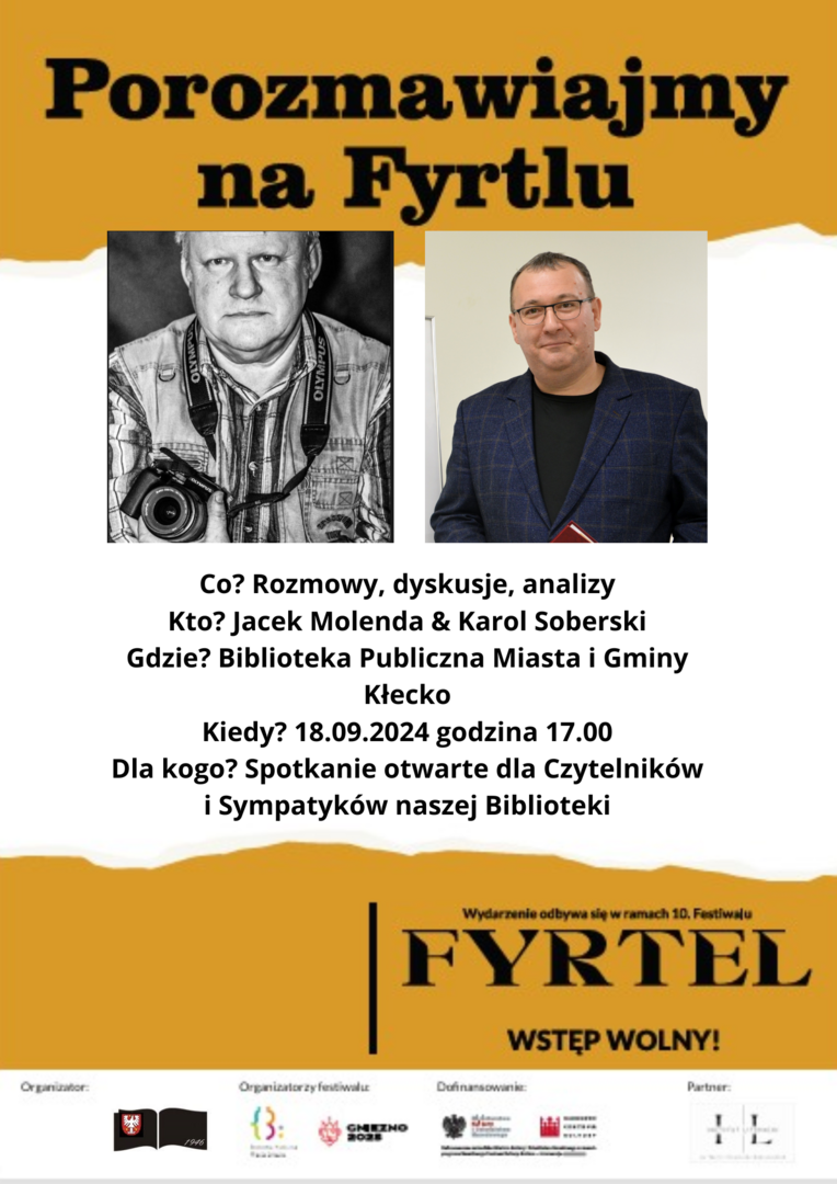 Zdjęcie przedstawia plakat informujący o wydarzeniu Porozmawiajmy na Fyrtlu, które odbędzie się w bibliotece 18.09.2024 o godzinie 17.00.