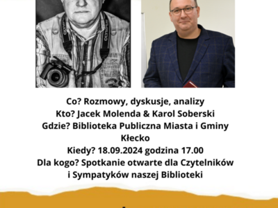 Zdjęcie przedstawia plakat informujący o wydarzeniu Porozmawiajmy na Fyrtlu, które odbędzie się w bibliotece 18.09.2024 o godzinie 17.00.