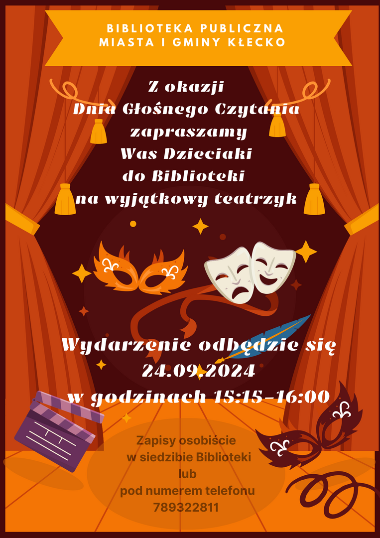 Zdjęcie zawiera zaproszenie na teatr w bibliotece. Wydarzenie odbędzie się 24.09.2024 w godzinach 15:15-16:00.