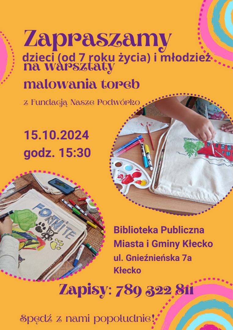 Zdjęcie zawiera plakat informujący o warsztatach, które odbędą się w Bibliotece 15.10.2024 o godzinie 15:30