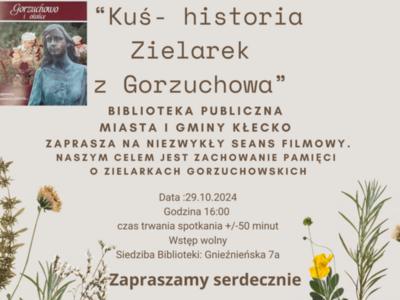 Zdjęcie przedstawia plakat informujący o sensie filmu Kuś, który odbędzie się w Bibliotece 29.10.2024 o godzinie 16:00