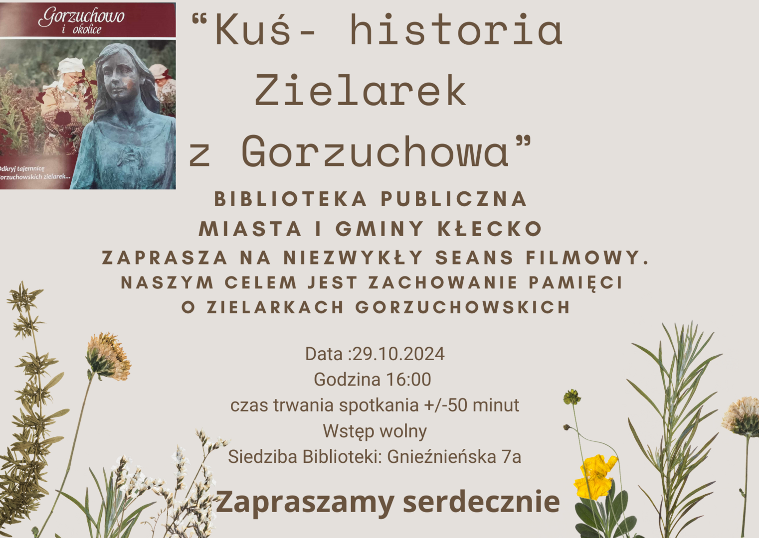 Zdjęcie przedstawia plakat informujący o sensie filmu Kuś, który odbędzie się w Bibliotece 29.10.2024 o godzinie 16:00