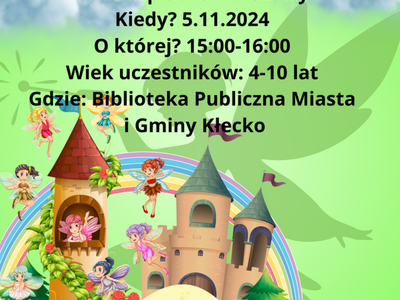 Zdjęcie zawiera plakat informujący o warsztatach w bibliotece, które odbędą się 5.11.2024 o godzinie 15:00-16:00