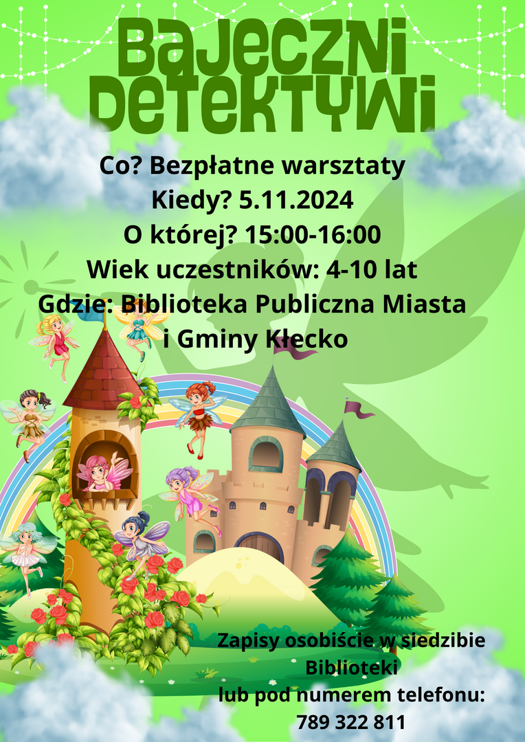 Zdjęcie zawiera plakat informujący o warsztatach w bibliotece, które odbędą się 5.11.2024 o godzinie 15:00-16:00