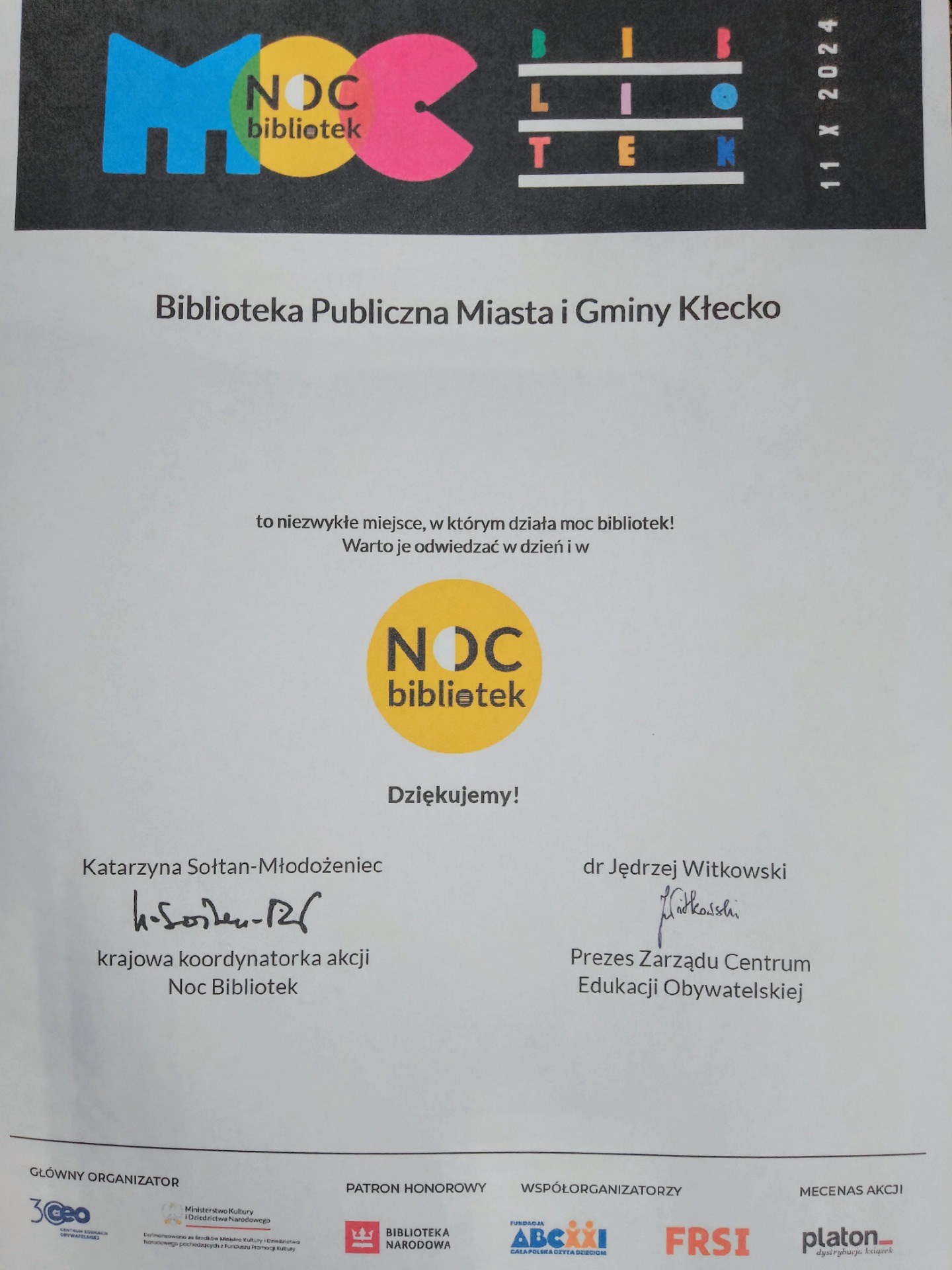 Certyfikat Nocy Bibliotek