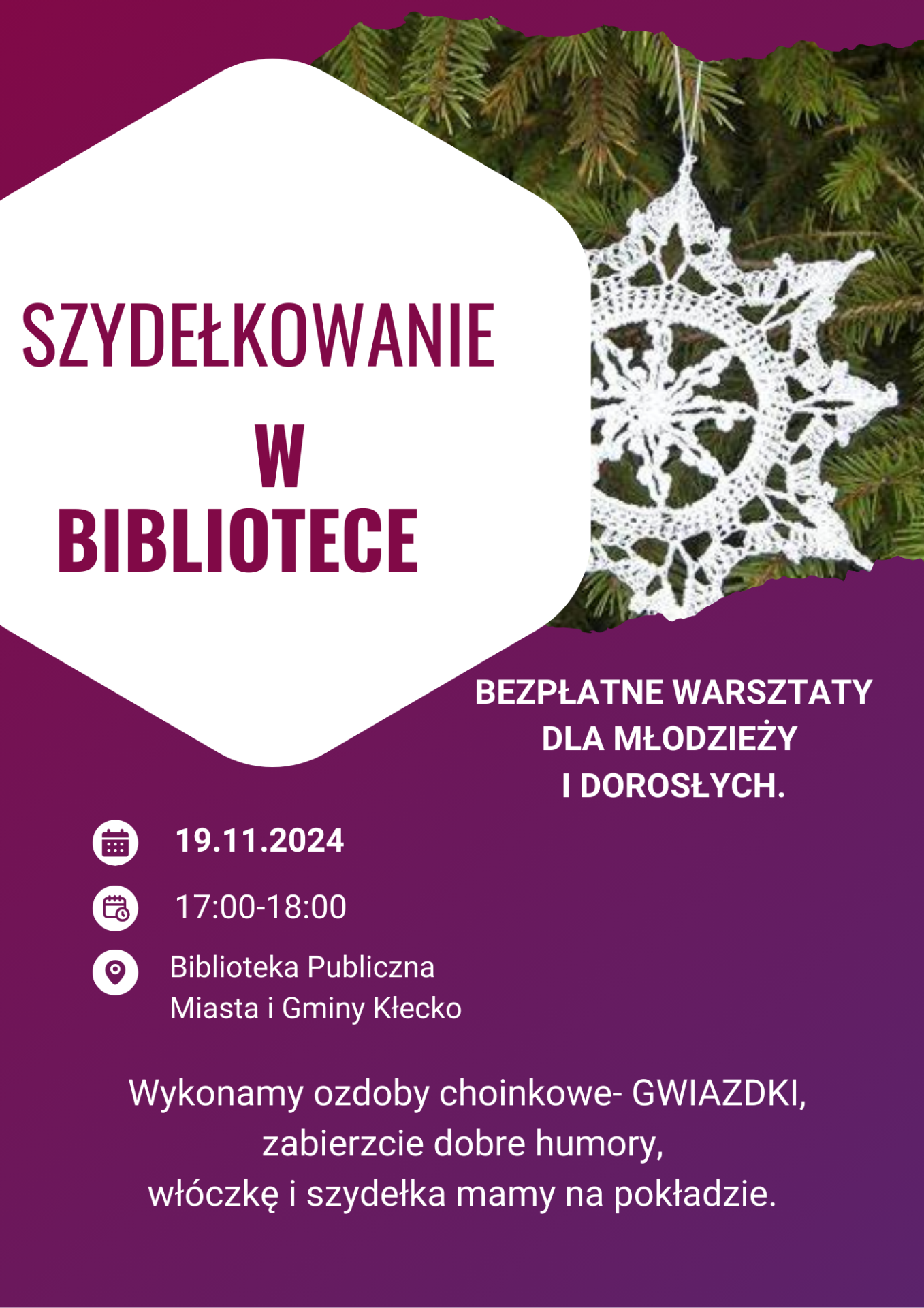 Zdjęcie przedstawia zaproszenie na warsztaty szydełkowe w bibliotece, które odbędą się 19.11 o godzinie 17.00-18.00