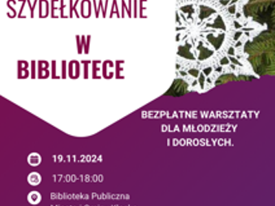 Zdjęcie przedstawia zaproszenie na warsztaty szydełkowe w bibliotece, które odbędą się 19.11 o godzinie 17.00-18.00