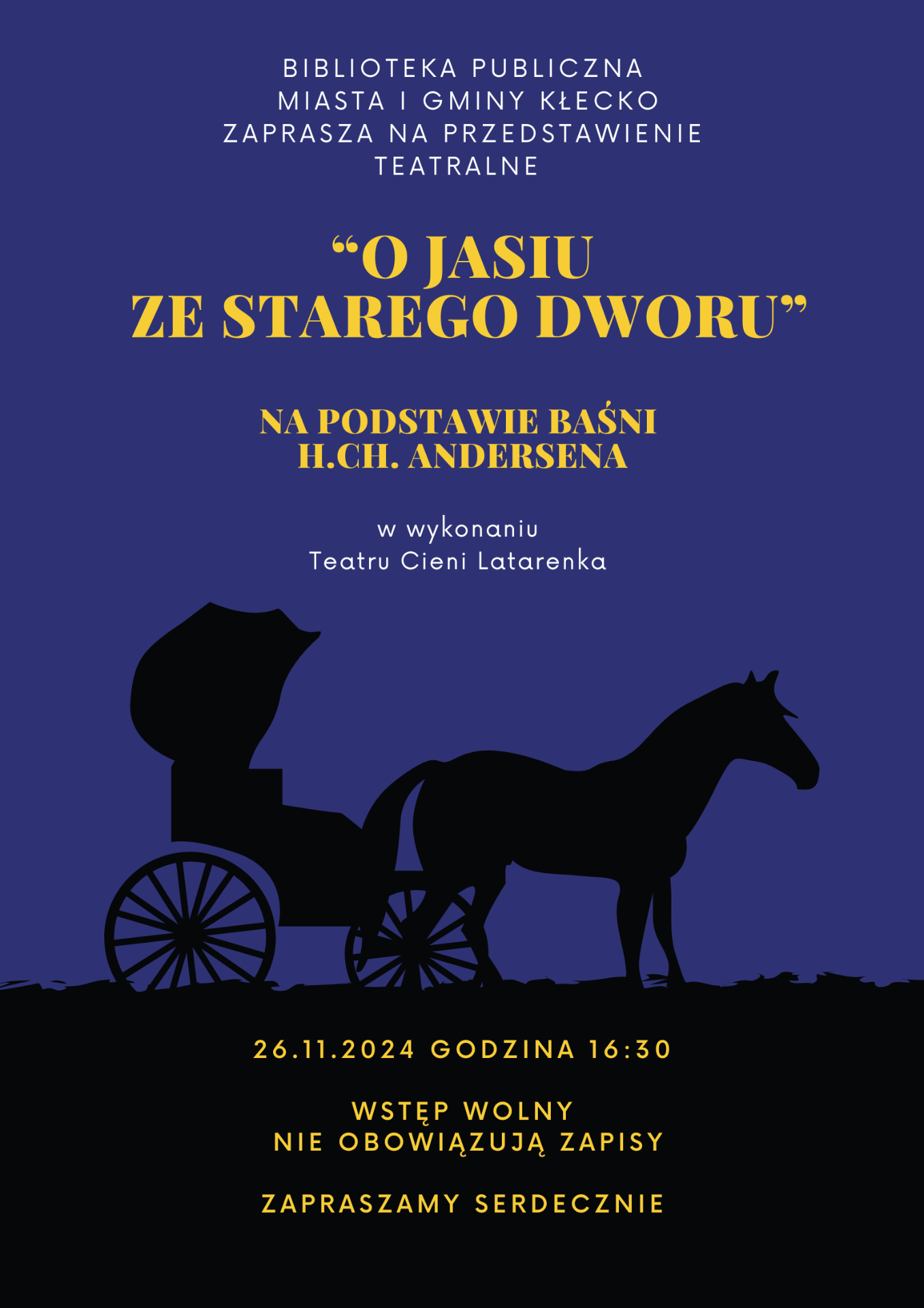 Zdjęcie zawiera zaproszenie na teatr cieni, spektakl odbędzie się w Bibliotece 26.11.2024. o godzinie 16:30.