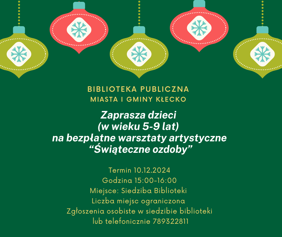Zdjęcie zawiera plakat informujący o warsztatach artystycznych w Bibliotece, które odbędą się 10.12.2024 o godzinie 15:00-16:00