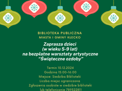 Zdjęcie zawiera plakat informujący o warsztatach artystycznych w Bibliotece, które odbędą się 10.12.2024 o godzinie 15:00-16:00