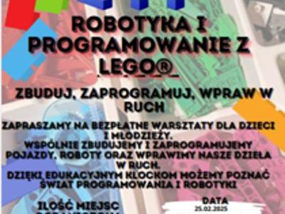 Zdjęcie zawiera zaproszenie na warsztaty programowania w Bibliotece, które odbędą się 25.02.2025