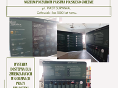 Zdjęcie zawiera zaproszenia do zapoznania się z wystawą multimedialną Piast Surwiwal w Bibliotece.