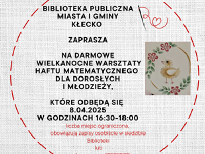 Plakat zawiera zaproszenie na zajęcia Wielkanocne w Bibliotece, dnia 8.04.2025