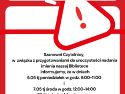 Zdjęcie zawiera informacje dotyczącą godzin otwarcia biblioteki