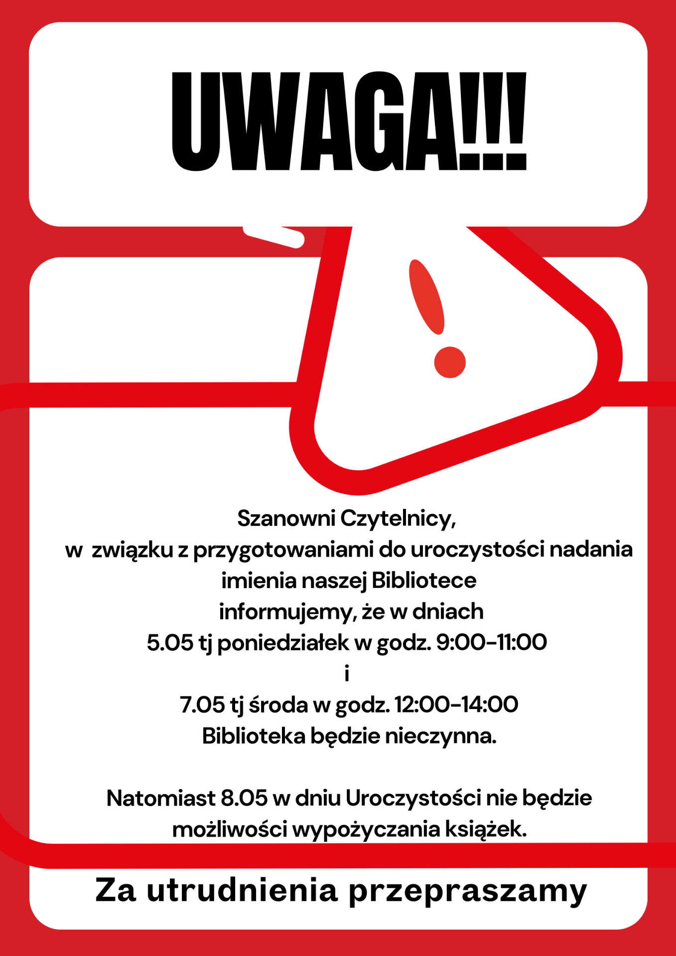 Zdjęcie zawiera informacje dotyczącą godzin otwarcia biblioteki