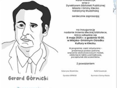 Zdjęcie zawiera plakat informujący o nadaniu imienia Bibliotece.