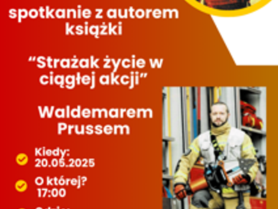 Zdjęcie zawiera plakat informujący o spotkaniu autorskim z Waldemarem Prussem.