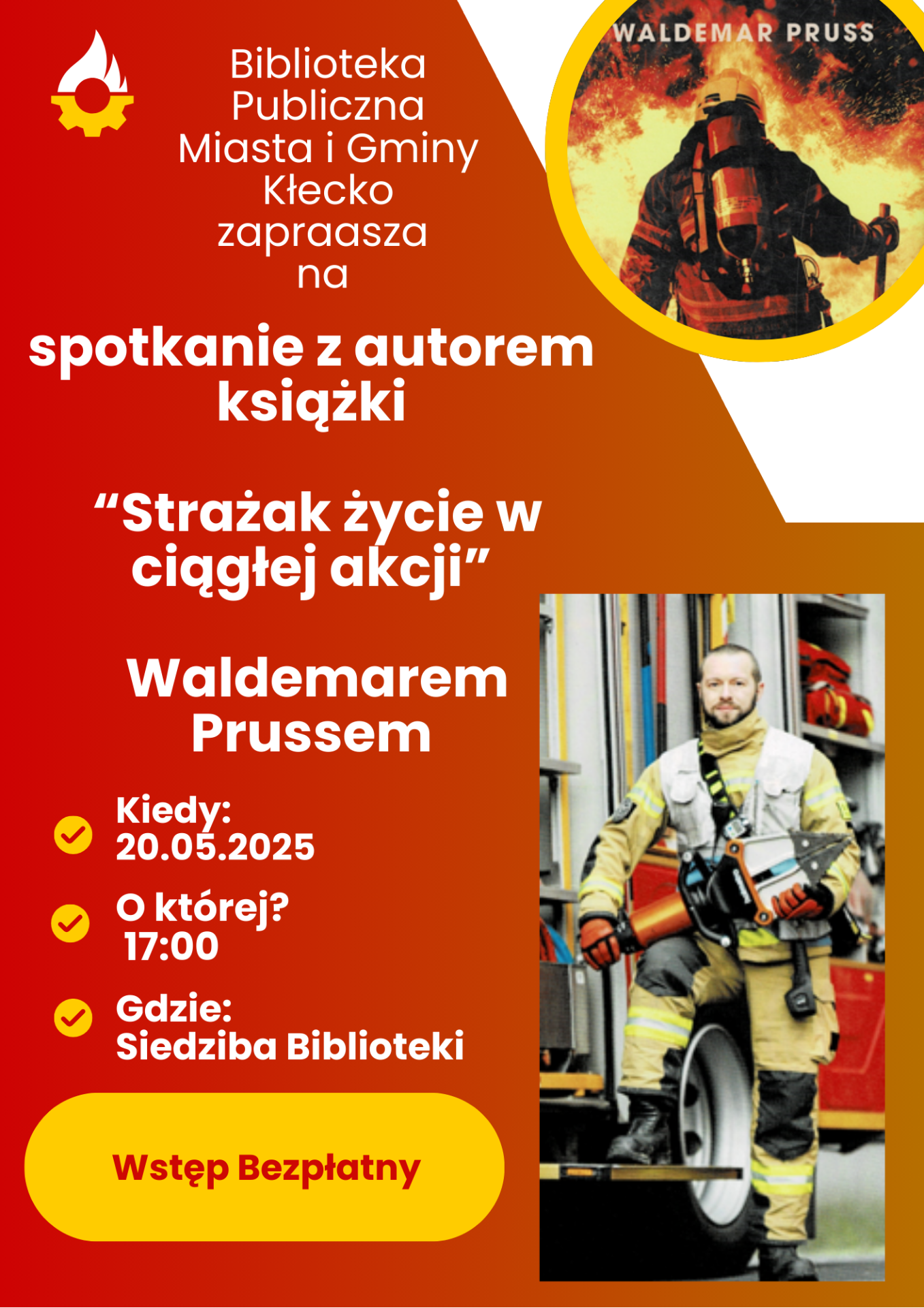 Zdjęcie zawiera plakat informujący o spotkaniu autorskim z Waldemarem Prussem. 