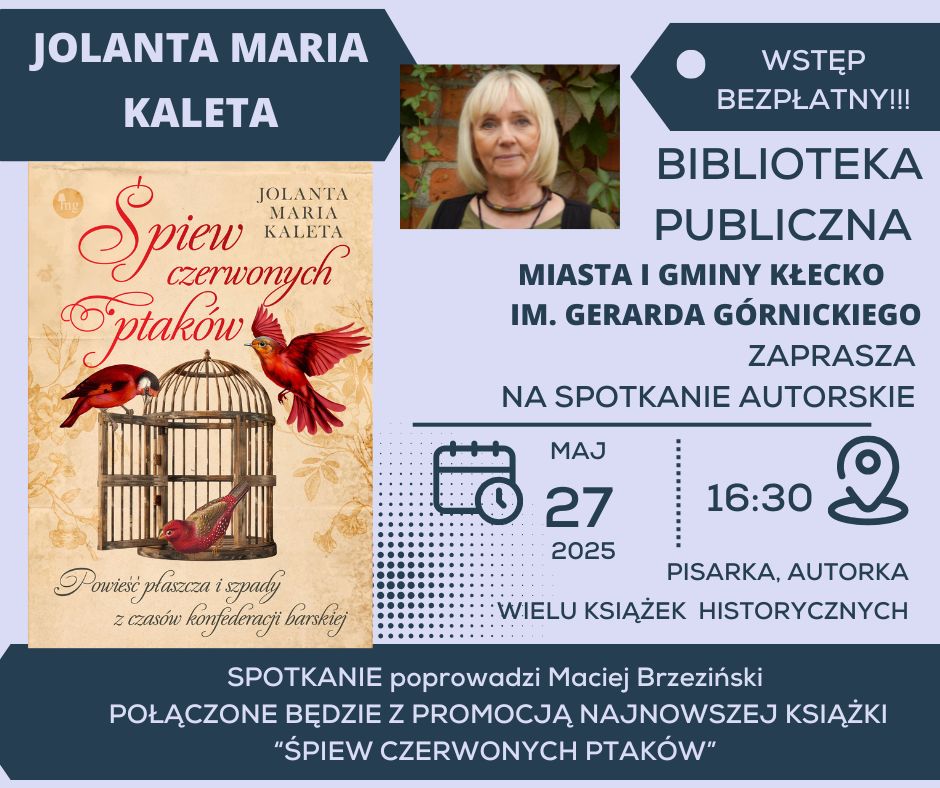 Zdjęcie zawiera plakat, zaproszenie na spotkanie autorskie, które odbędzie się w Bibliotece 27.05.