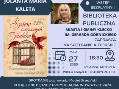 Zdjęcie zawiera plakat, zaproszenie na spotkanie autorskie, które odbędzie się w Bibliotece 27.05.