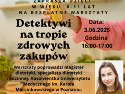 Plakat zawiera zaproszenie na warsztaty z dietetykiem, które odbędą się 3.06.2025.