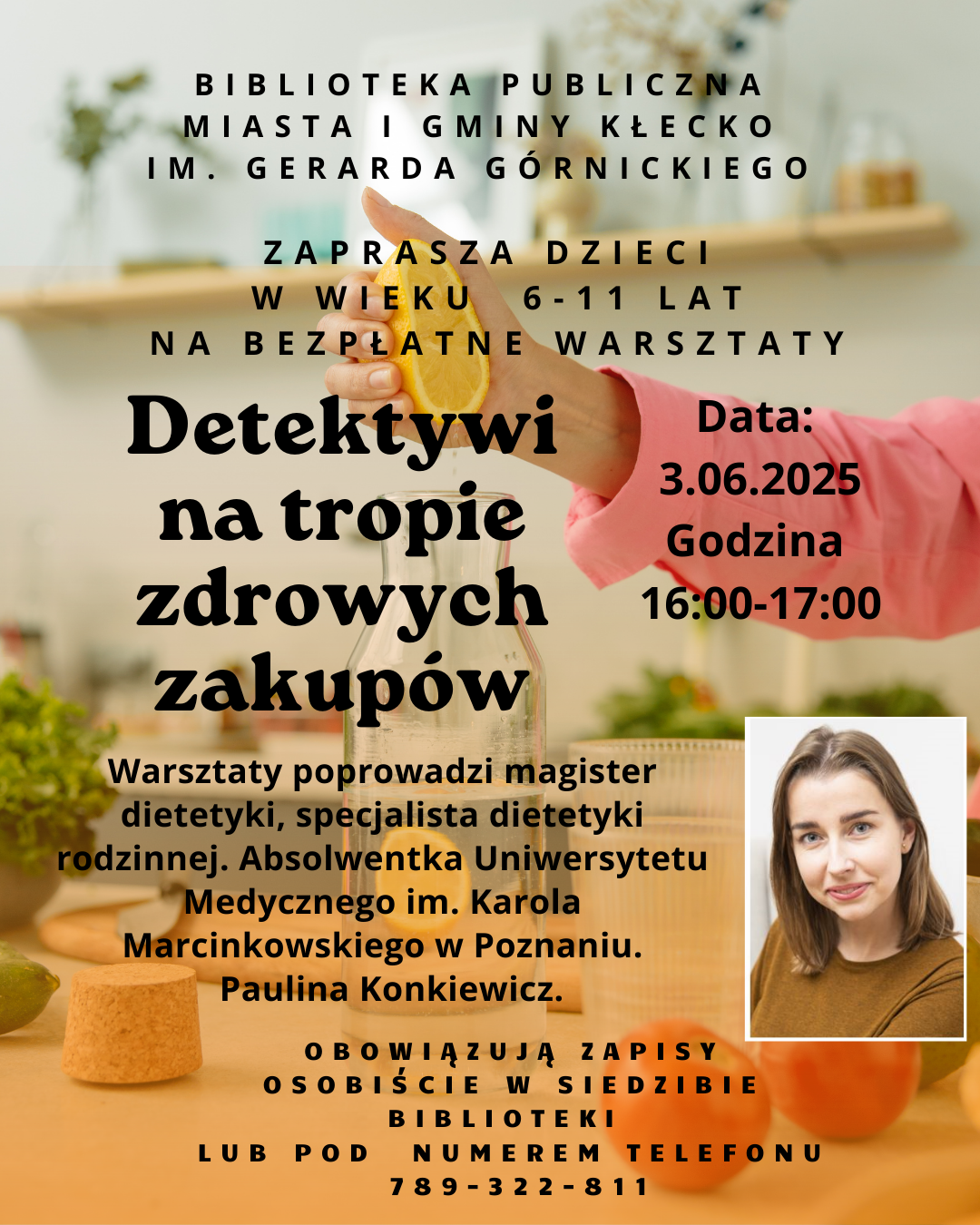 Plakat zawiera zaproszenie na warsztaty z dietetykiem, które odbędą się 3.06.2025.