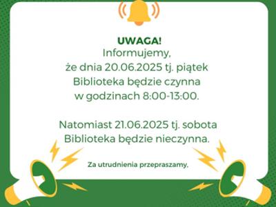 Zdjęcie zawiera informacje dotyczącą godzin otwarcia biblioteki