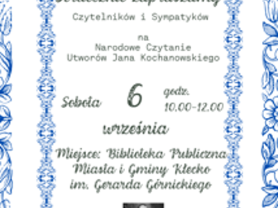 Zdjęcie zawiera informacje dotyczącą Narodowego Czytania 2025, które odbędzie się 6.09.2025 w godzinach 10:00-12:00 w Bibliotece