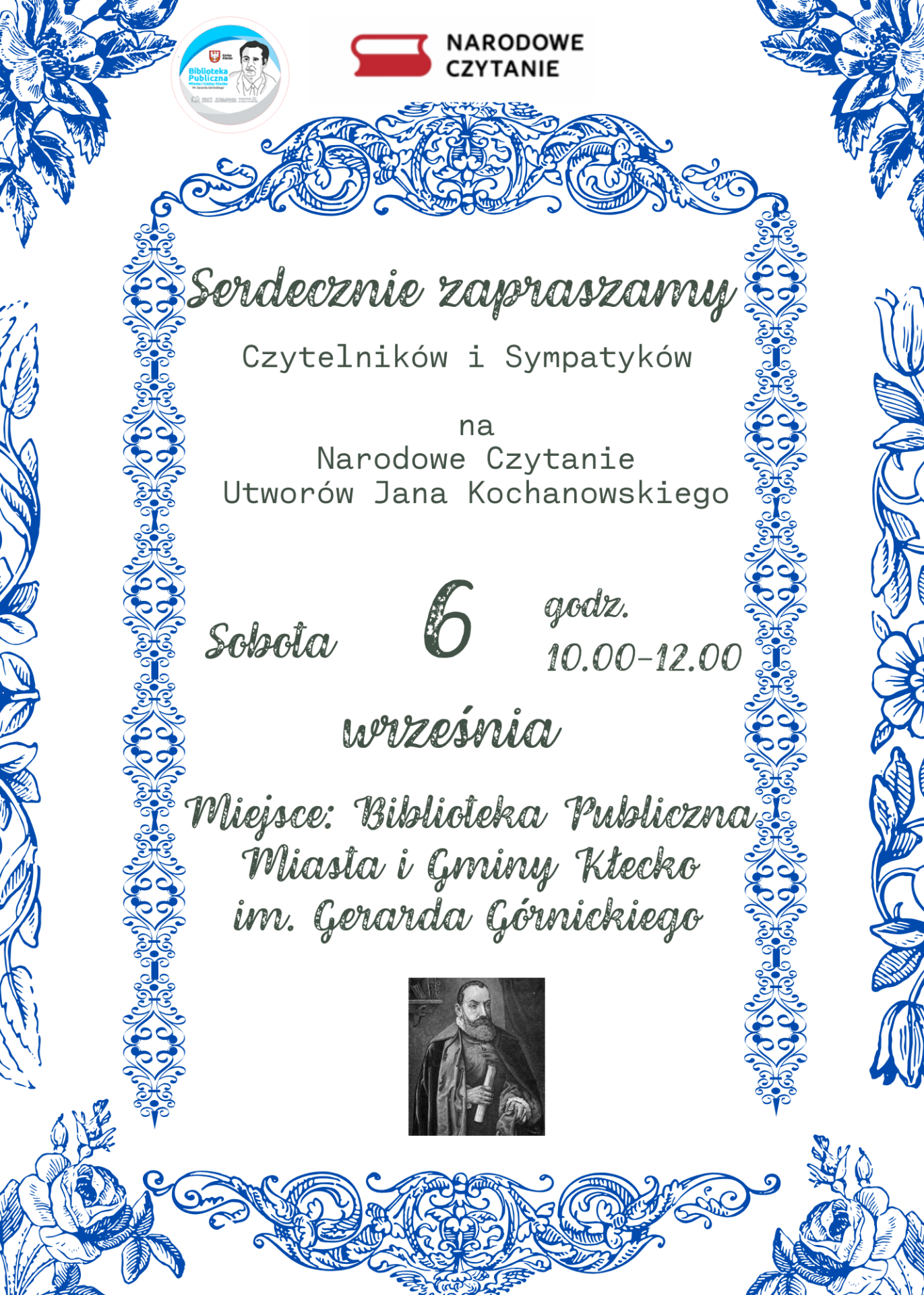 Zdjęcie zawiera informacje dotyczącą Narodowego Czytania 2025, które odbędzie się 6.09.2025 w godzinach 10:00-12:00 w Bibliotece