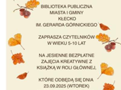 Zdjęcie zawiera plakat informujący o warsztatach jesiennych, które odbędą się 23.09. 2025 w Bibliotece