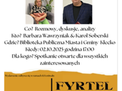 Zdjęcie zawiera zaproszenie na Festiwal Porozmawiajmy na Fyrtlu, który odbędą się w bibliotece 2.10.2025 o godzinie 17:00