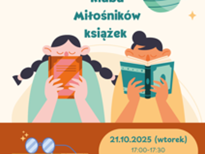 Zdjęcie zawiera plakat informujący o spotkaniu klubu miłośników książki, które odbędzie się 21.10. w godz.17:00-17:30