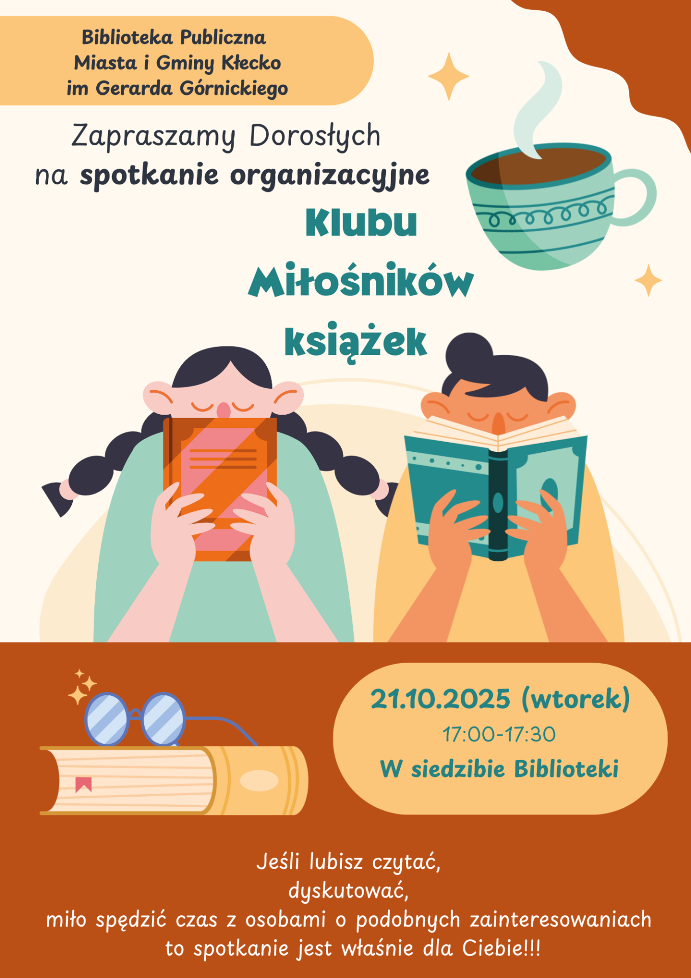 Zdjęcie zawiera plakat informujący o spotkaniu klubu miłośników książki, które odbędzie się 21.10. w godz.17:00-17:30