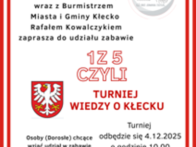 Zdjęcie zawiera informacje- zaproszenie na turniej wiedzy o Kłecku organizowany przez Bibliotekę.