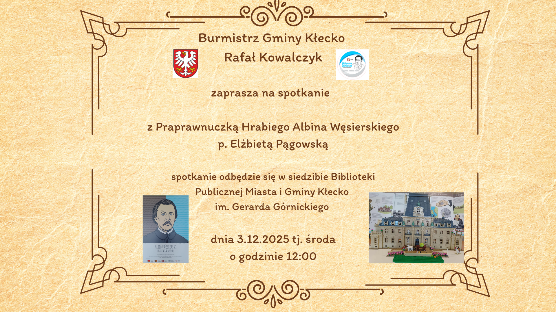 Plakat zawiera zaproszenie na spotkanie z praprawnuczką Hrabiego Albina Węsierskiego, które odbędzie się 3.12.2025 o godzinie 12.00.