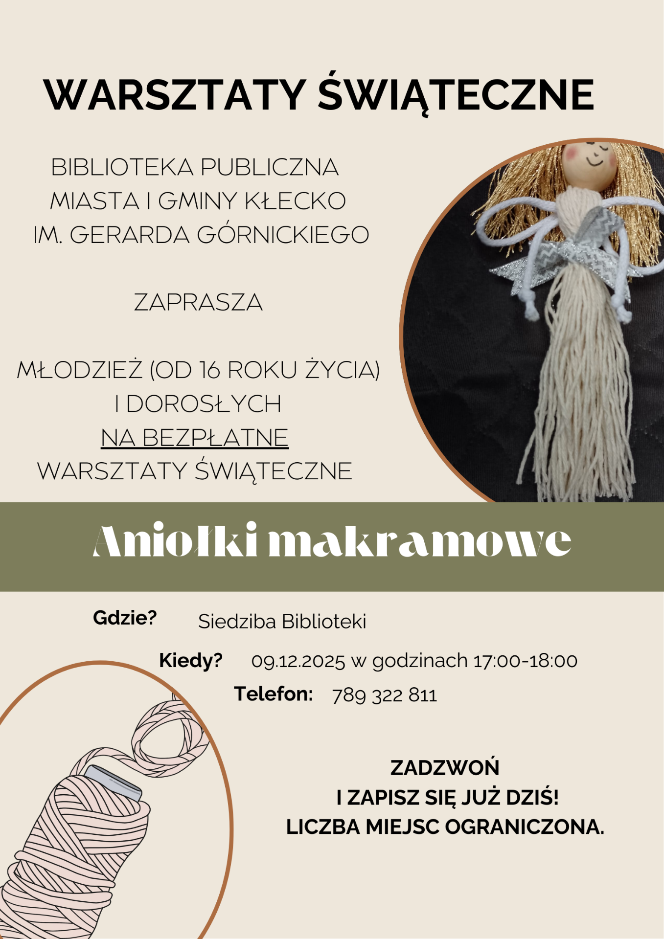 Zdjęcie zawiera informację o zajęciach, które odbędą się w Bibliotece 09.12.2025 w godzinach 17:00-18:00