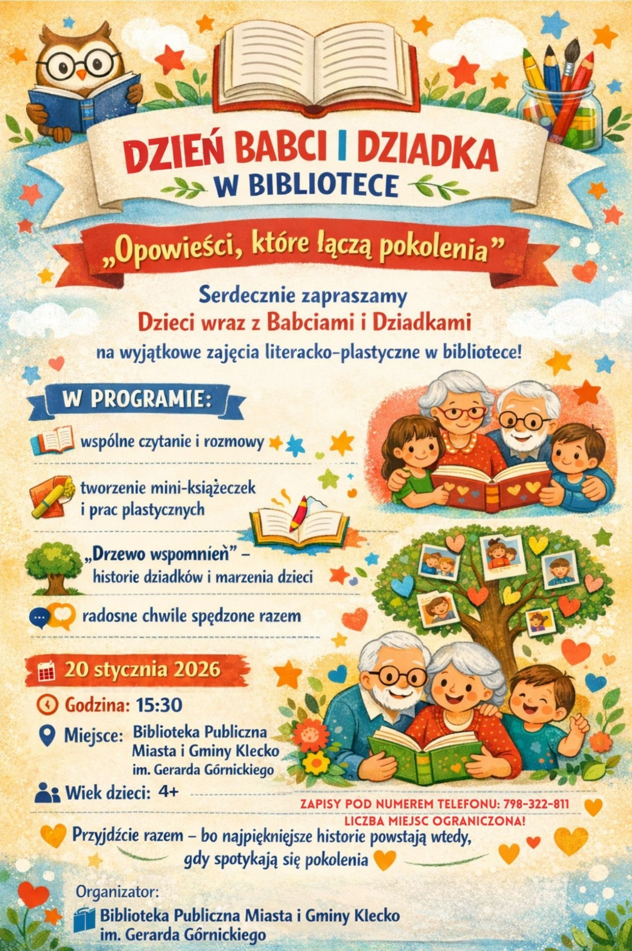 Plakat dotyczący zajęć litracko-plastycznych z okazji Dnia Babci i Dnia Dziadka