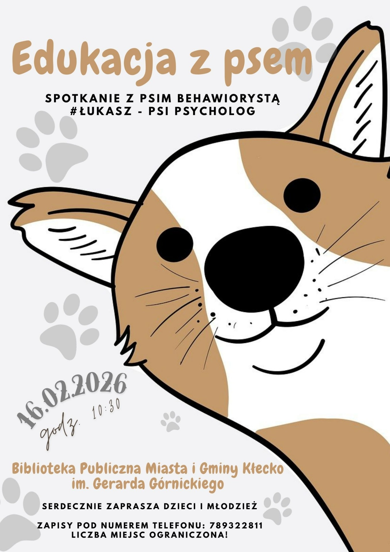 Na plakacie znajduję się informacja o spotkaniu z behawiorystą