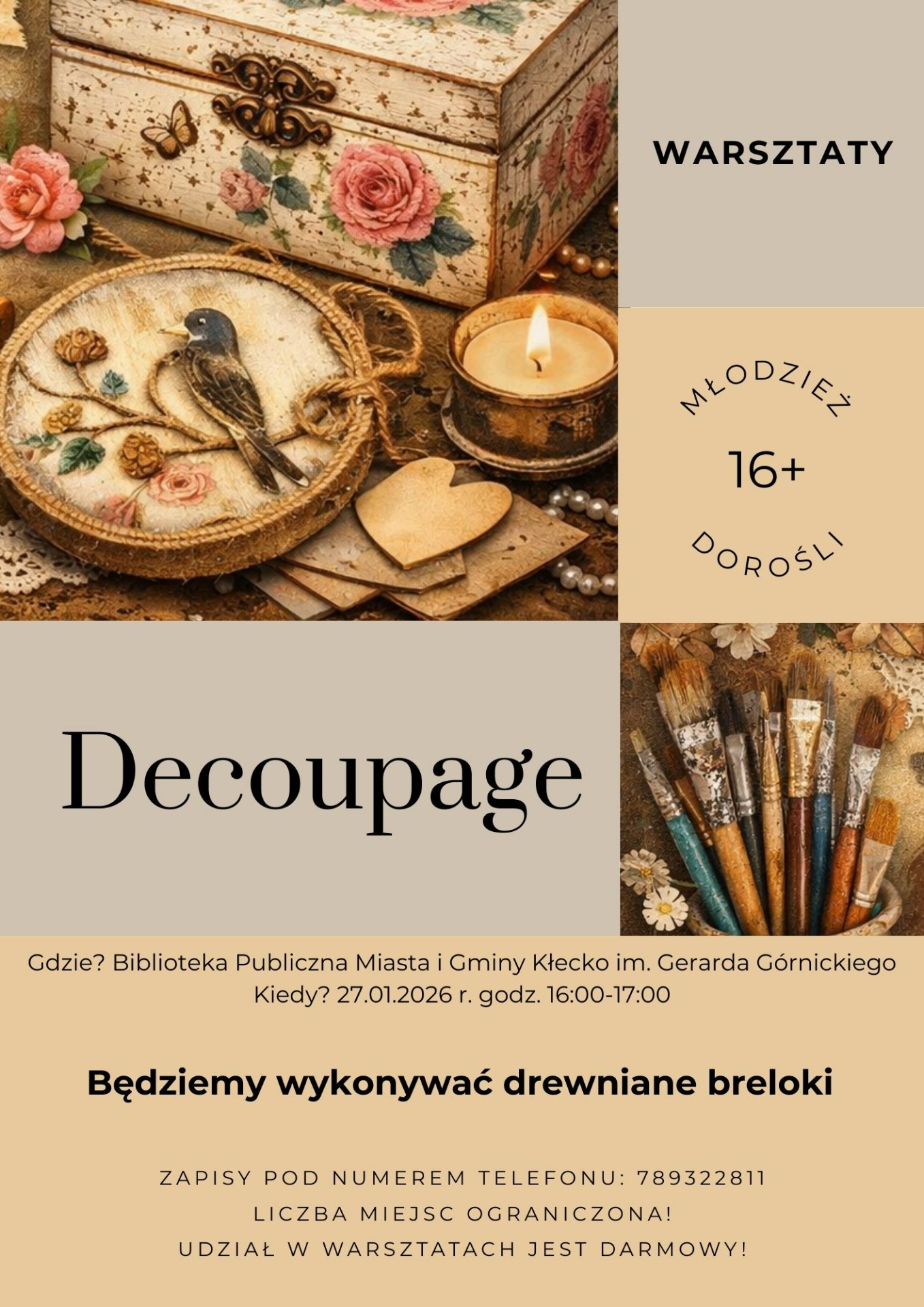 Na plakacie znajduje się informacja o warsztatach decoupage.