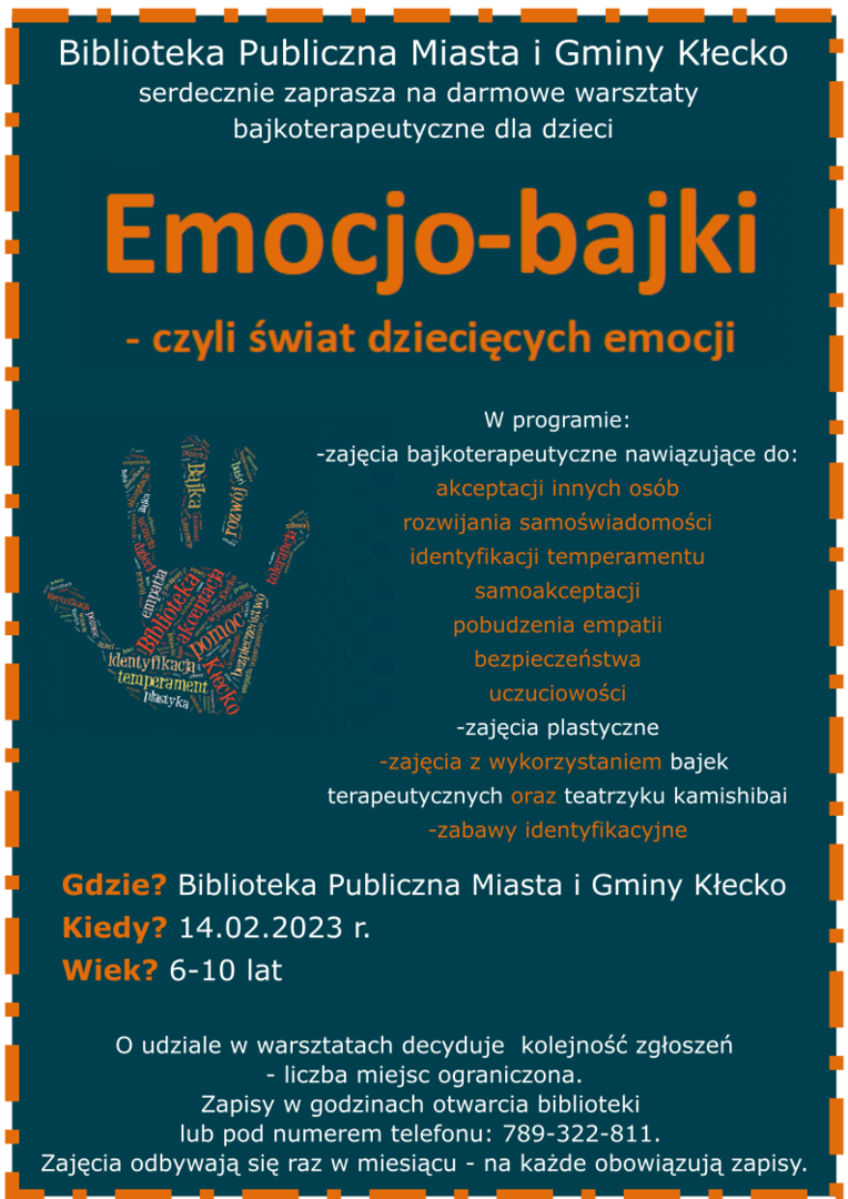Biblioteka Publiczna Miasta i Gminy Kłecko serdecznie zaprasza na darmowe warsztaty bajkoterapeutyczne dla dzieci Emocjo-bajki