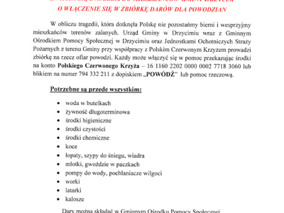 Wójt Gminy Drzycim – Marian Krywald zwraca się z apelem do mieszkańców Gminy Drzycim o włączenie się w zbiórkę darów dla powodzian