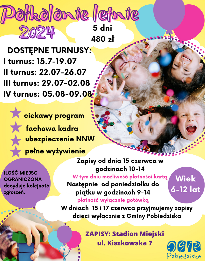 Plakat informacyjny zapisu na półkolonie letnie w OSiR