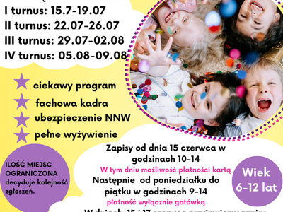 Plakat informacyjny zapisu na półkolonie letnie w OSiR