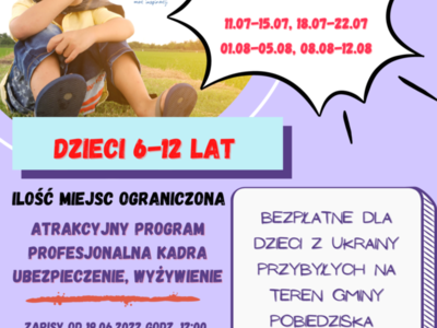 Plakat informacyjny odnośnie bezpłatnego udziału dzieci z ukrainy
