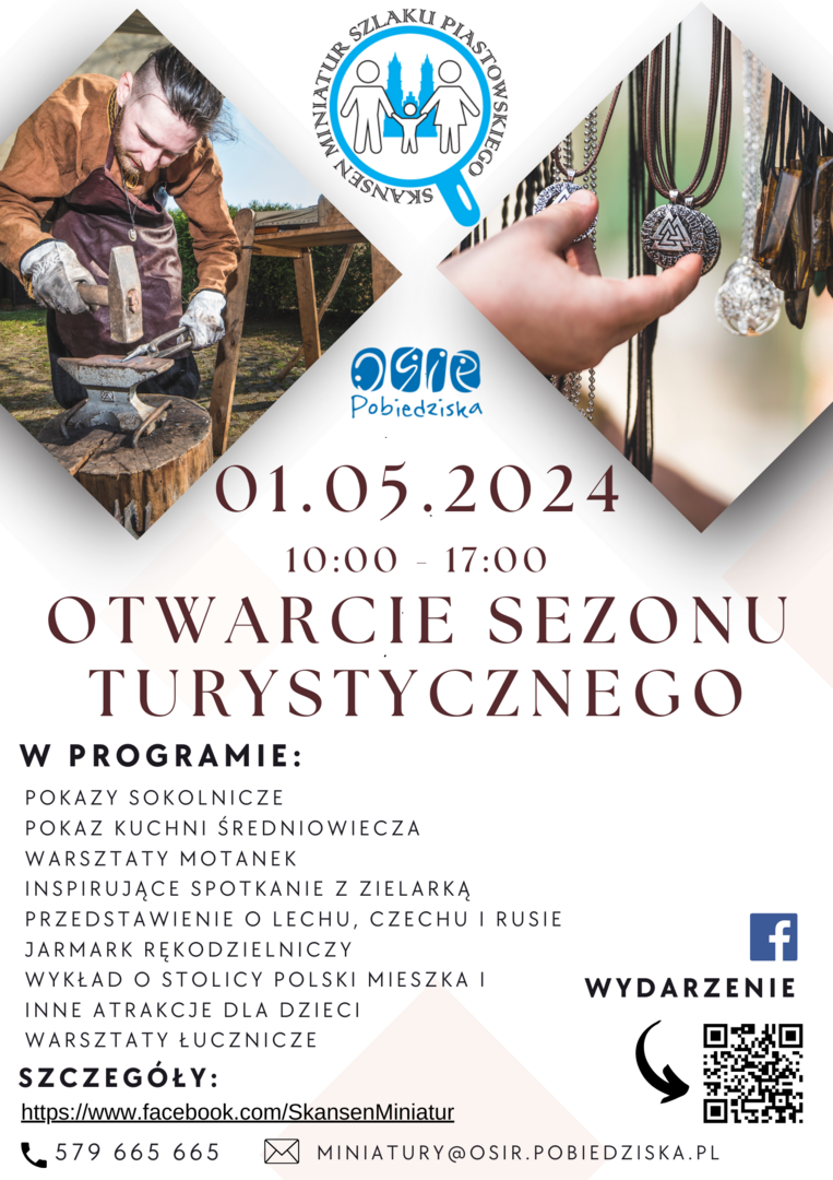 1 maja 2024 w godzinach 10:00 - 17 zapraszamy na Otwarcie Sezonu Turystycznego w Skansenie Miniatur Szlaku Piastowskiego. W programie 
pokazy sokolnicze
pokaz kuchni średniowiecza
warsztaty motanek
inspirujące spotkanie z zielarką
przedstawienie o lechu, czechu i rusie
jarmark rękodzielniczy
wykład o stolicy polski Mieszka I

warsztaty łucznicze
inne atrakcje dla dzieci