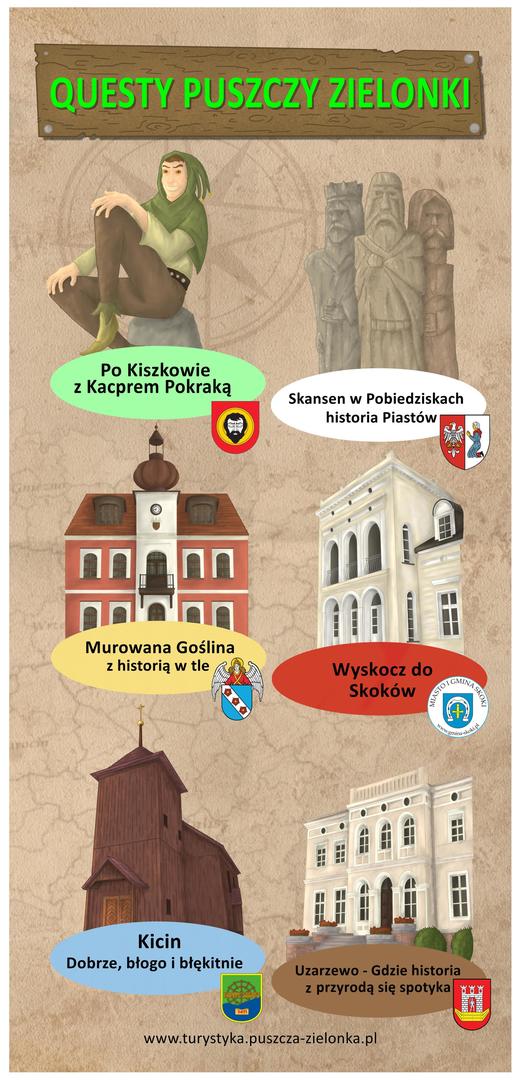 Ulotka przedstawiająca miejsca Questów Puszczy Zielonki wraz z ich tytułami:
- Kiszkowo - Po Kiszkowie z Kacprem Pokraką,
- Pobiedziska - Skansen Miniatur Szlaku Piastowskiego - historia Piastów,
- Murowana Goślina - Murowana Goślina z historią w tle,
- Skoki - Wyskocz do Skoków, 
- Kicin - Dobrze, Błogo i błękitnie,
- Uzarzewo - Gdzie historia z przyrodą się spotyka.