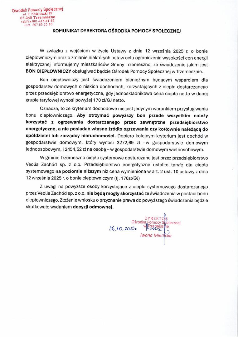 Komunikat Dyrektora w sprawie Bonu Ciepłowniczego