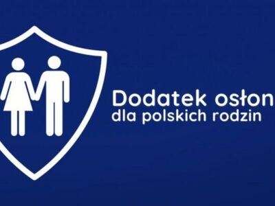 Na granatowym tle biały napis: dodatek osłonowy dla polskich rodzin.