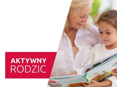 Na zdjęciu napis Aktywny Rodzic wraz z wizerunkiem babci zajmującej się wnuczką.